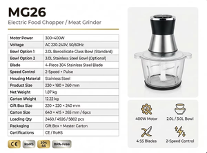 Nouveau Hachoir Électrique 400W 2026, 3L, en Acier Inoxydable 304, 4 Lames, 2 Vitesses, pour Viande et Légumes, Certifié CE RoHS, OEM ODM - Product Image 3