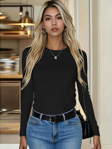 2026 Custom Logo Spring Women Casual Long Sleeve Shirt <strong>Ladies</strong> Crew Neck Tight <strong>Fit</strong> Tops <strong>Basic</strong> Plain Long Sleeve T-shirt - Product Image 4