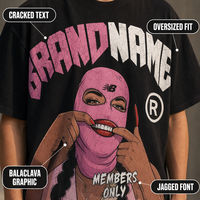 Maßgefertigtes Schwarz-Rosa Balaclava Members Only Grafik-Print Übergroßes Herren Hip-Hop Streetwear Distressed Rundhals-T-Shirt