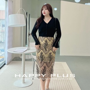 Falda Midi Ajustada de Encaje Estilo Francés Happy Plus, Talla Grande para Mujer, con Estampado, Microelástica, Cintura Natural - Product Image 1