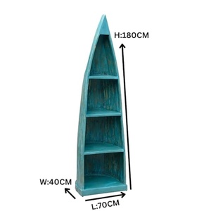 Boat-Shaped Wooden Display Shelf <b>Unit</b> | Distressed Blue Open Storage Rack | Nautical Style <b>Corner</b> Shelf for Living Room & Home - Product Image 2