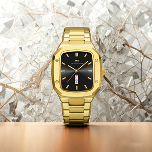 Fashion Gold Tone Men's Wristwatch Unique Square <b>Case</b> Dual Date Display Business Casual Watch - Product Image 5