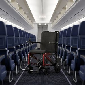 Fauteuil roulant pliable certifié UE avec cadre rouge et siège noir pour le transport en avion - Product Image 1