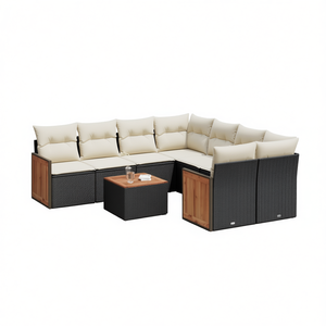 Ensemble de canapés de patio en polyrotin noir avec coussins, 8 places, mobilier de jardin, design contemporain, accents en bois de teck - Product Image 1