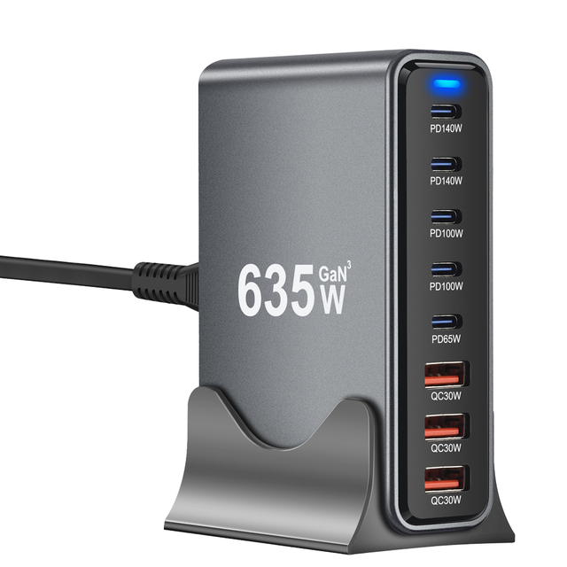New 635W Desktop GaN PD Charger 635W Gallium Nitride Multi-functional Charging Head PD140W GAN 8-Port Power Adapter