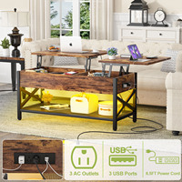 Table basse moderne relevable et réglable en hauteur, extensible, avec rangement, éclairage LED, prise de courant et compartiment dissimulé, en bois pour salon