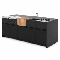 Îlot de cuisine extérieur modulaire en acier inoxydable avec barbecue à gaz intégré, plancha, évier, plan de travail en bois massif et station de cuisson pour patio et jardin