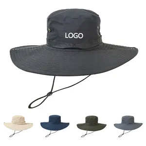 Custom Embroidery Logo Outdoor Hiking Fisherman Hats With String Fishing Top Wide Brim Bucket Hat