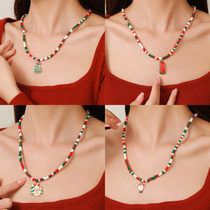 Christmas Layered <b>Necklace</b> Women's Double Strand Beaded Choker With Pendant Gift Jewelry - Product Image 2