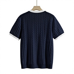 T-shirt à manches courtes en tricot pour homme, col rond, motif géométrique, bordure contrastée, coupe décontractée, bleu foncé, polyester/coton, 280g - Product Image 3