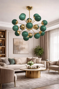 Lustre Sputnik moderne du milieu du siècle en laiton et verre vert, élégant, à plusieurs bras, pour salle à manger - Product Image 5