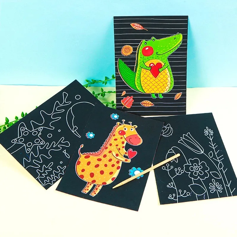 Magic Scratch Painting Art Paper Card Set Cute Cartoon Zoo Sea Animal Kids Learning Art Painting