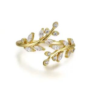 सोना मढ़वाया उच्च गुणवत्ता पत्ता शैली गहने स्टर्लिंग जटित हीरा खुले जेड अंगूठी 925 चांदी लड़की महिलाओं के लिए