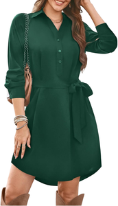Vestido Casual de Fiesta para Mujer, Holgado, Transpirable, con Cuello en V, Cinturón y Solapa, Largo hasta la Rodilla, Estampado Sólido - Product Image 3