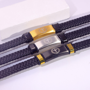 Pulsera de Aniversario para <span class=keywords><strong>Mujer</strong></span>, con Logotipo Personalizado Grabado, de Acero Inoxidable, con <span class=keywords><strong>Cuero</strong></span> Grueso, Ajustable, con Cuerda Trenzada, a la Moda - Product Image 4