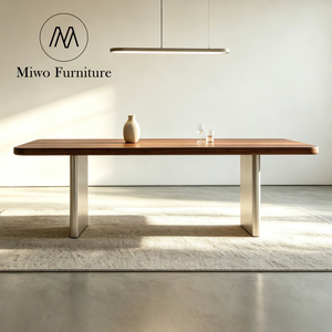 Table rectangulaire moderne en acier inoxydable avec plateau en bois massif naturel, idéale pour les restaurants et les repas en groupe - Product Image 5