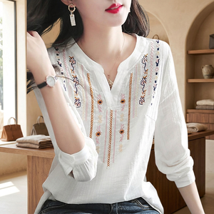 Blusas blancas de primavera y otoño para mujer, blusas informales con bordado, cuello en V, manga larga, estilo vintage, corte holgado DF4272 - Product Image 3