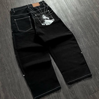 Celana Jeans Hitam Bordir Jaring Laba-laba Heavy Duty dengan Jahitan Kontras, Kancing Rivet, Model Baggy untuk Pria, 100% Katun