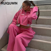 RUIQUWIN Vente en Gros Survêtement Femme Grande Taille 2 Pièces Personnalisé Ensemble Sportif Veste à Capuche Zippée et Pantalon de Jogging Ample à Jambes Droites