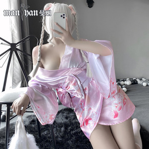 Ensemble de lingerie sexy transparente à décolleté plongeant, motif floral, style anime, devant ouvert, kimono japonais et uniforme. - Product Image 2