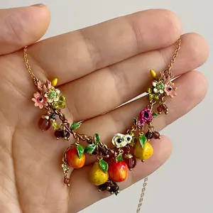 New Handmade enamel midsummer orchard yellow apricot red plum fig apple fruit flower necklace