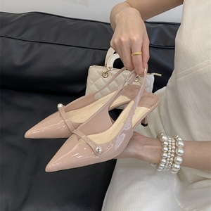 Escarpins élégants à bout pointu et bride arrière pour femme, talon chaton, avec détails perles, gris, chaussures de bureau - Product Image 5