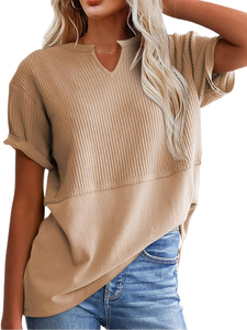 Camiseta Holgada de Manga Corta con Cuello en V para Mujer SHEWIN, Color Sólido, 100% Poliéster, Primavera/Verano, Color Caqui, Talla US 12-14 (L) - Product Image 3