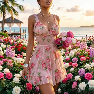 Chemise de nuit babydoll en mousseline transparente à imprimé floral rose avec nœud en dentelle, bretelles spaghetti, col en V et ourlet à volants, idéale pour lune de miel romantique (ODM) - Product Image 2
