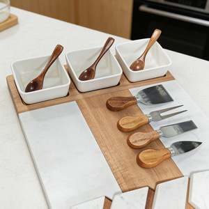 Ensemble de planches à fromage en marbre et bois d'acacia avec des plats en céramique et des outils en acier inoxydable pour servir et couper - Product Image 2
