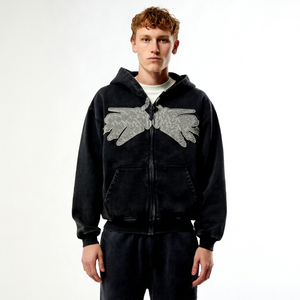 Sweat à capuche zippé oversize pour homme, effet délavé soleil, avec appliqué ailes, style streetwear, en molleton bouclette 100% coton, pour l'hiver - Product Image 1