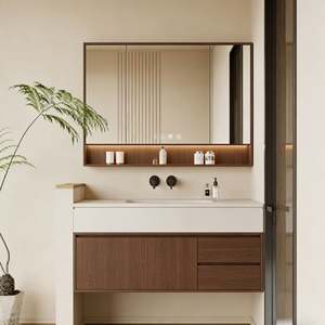Balom Single Basin Wall Mounted Modern Bathroom <b>Vanity</b> Cabinet <b>with</b> LED <b>Mirror</b> Eco-Friendly Wood Grain Finish - Product Image 1