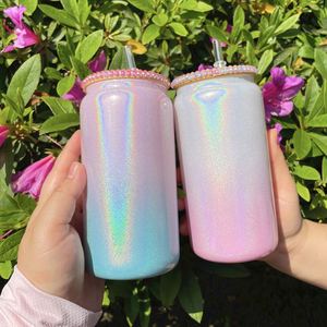 Vaso de Vidrio Holográfico Blanco de 15oz/16oz con Tapa Brillante y Adornos de Diamantes de Imitación, con Pajita de PP para Sublimación, Disponible en Nuestro Almacén de EE. UU. - Product Image 3