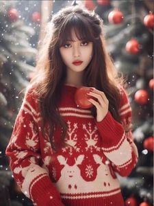 <span class=keywords><strong>Pull</strong></span> <span class=keywords><strong>de</strong></span> Noël rouge pour femme, collection automne-hiver, haut <span class=keywords><strong>de</strong></span> gamme, style décontracté, doux et moelleux, tricoté - Product Image 3
