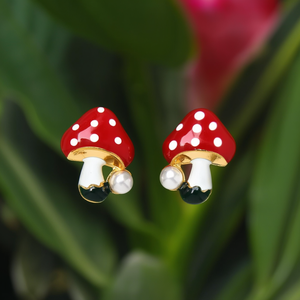 Pendientes de botón con forma de hongo, rojos, blancos, con lunares, chapados en oro, acero inoxidable 316L, joyería de moda - Product Image 3
