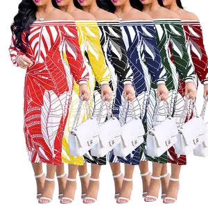 Hot-selling Ladies Dress leisure in the season stylish off shoulder leaf print midi maxi ladies dresses