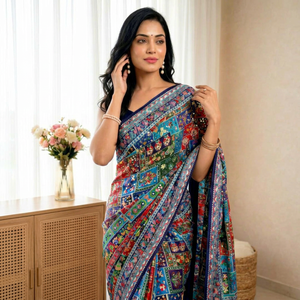 Sari de Seda Azul con Diseño Floral Clásico, Hecho a Mano, con Bordado de Espejo y Ribete, Reversible, Largo hasta el Tobillo, Vestido Tradicional para Mujer - Product Image 1