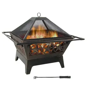 Outdoor Vuurkorf-32 Inch Grote Vierkante Hout Brandende Patio & Achtertuin Firepit Voor Buiten Met Koken Bbq Grill rooster Poker