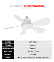 Lustre Plafonnier à Ventilateur 5 Pales de 520 mm, 3 Vitesses, 3000-6500K, 10W, Ampoule Incluse