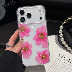 Funda para iPhone 17 16 15 14 13 Pro Max con diseño de flor de lámina dorada, resina brillante, degradado transparente y cubierta trasera de PC IMD con efecto bling - Product Image 5