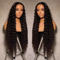 Wig rambut manusia Remy Brazilian Deep Wave tanpa lem, dengan lace depan transparan HD 13x4, kepadatan 250%, untuk wanita kulit hitam