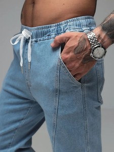 Nuovi <span class=keywords><strong>Jeans</strong></span> da <span class=keywords><strong>Uomo</strong></span> in Denim Ecologico Stile Americano, Gamba Dritta Larga <span class=keywords><strong>con</strong></span> Vita Regolabile, Tendenza High Street - Product Image 4