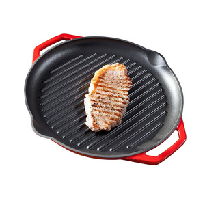 Articles ménagers lumineux de haute qualité 32cm poêle à griller en <span class=keywords><strong>fonte</strong></span> rouge émail antiadhésif extérieur BBQ plaque chauffante en gros ustensiles de cuisine en métal - Product Image 3