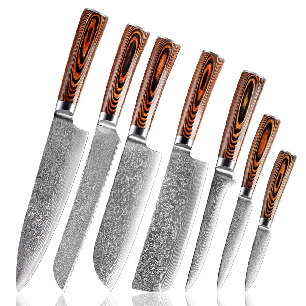 Juego de cuchillos de Damasco Santoku para cocina, chef profesional, herramientas multifunción para el hogar, venta al por mayor de fábrica