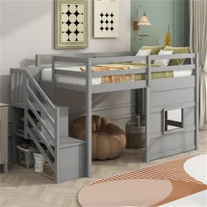 Customized Modern Wooden Loft Bunk Bed Apartment Space-saving Kids Loft Bed With Stairs