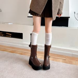 Bottines longues à talon plat pour femmes, style britannique, bottines Chelsea à boucle, bottines en cuir pour femmes - Product Image 3