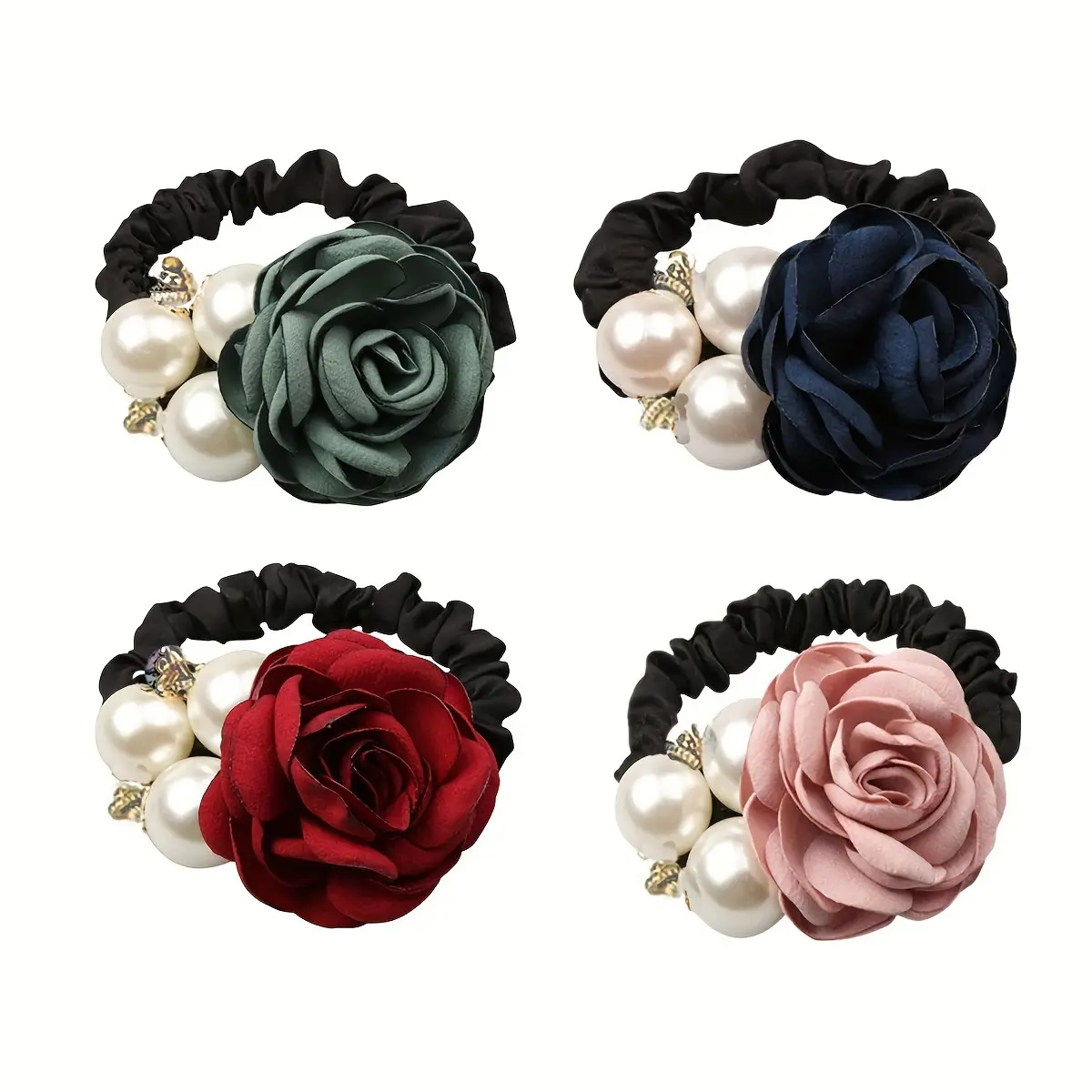 Faux Pearl Fabric Rose Flower Hair Ties Wide Rubber Band For Women Girls No Damage Hair Elastic Hair Accessories