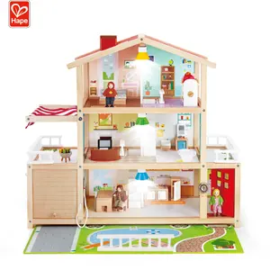 Top sale luxurious classic DIY kids wooden doll house miniature With Light