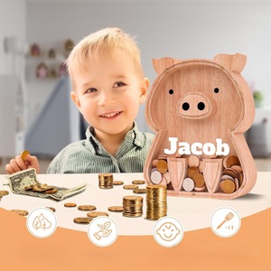 Tirelire en bois en forme de cochon, couleur bois naturel, avec nom personnalisé, pot à monnaie pour enfants, ornement de bureau - Product Image 2