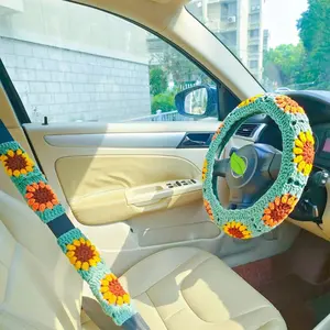 Universal Cute Girly Fabric Flower Smiley Knit Crochet Steering Wheel Cover for Women