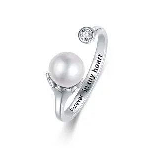 925纯银永远在我心中可调白色淡水养殖珍珠戒指